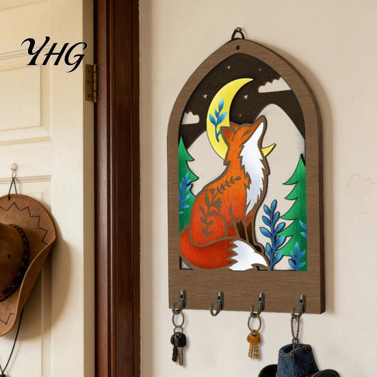 Entryway Organizer for Keys Bohemian Wooden Key Hanger, Decorative Wall Mounted Holder with 4 Metal Artistic Hooks Small Items Hooks, Hanging