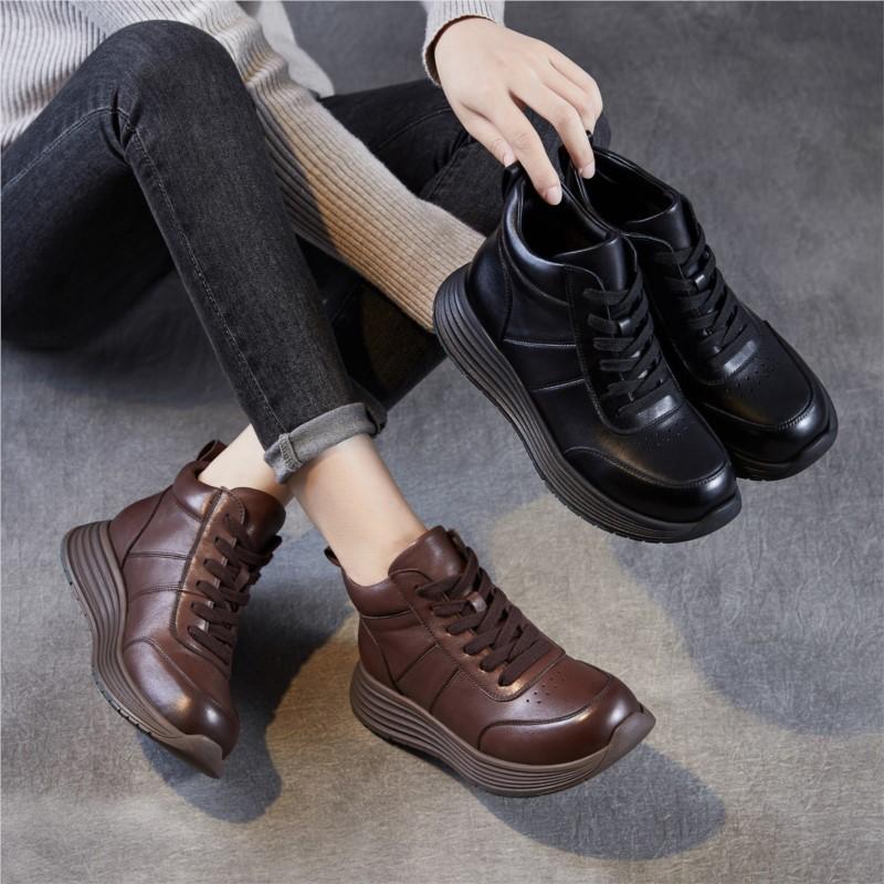 Johnature Lace Up Genuine Leather Short Boots Thick Soled Leisure Soft Soled Wedge Heels Women's Shoes