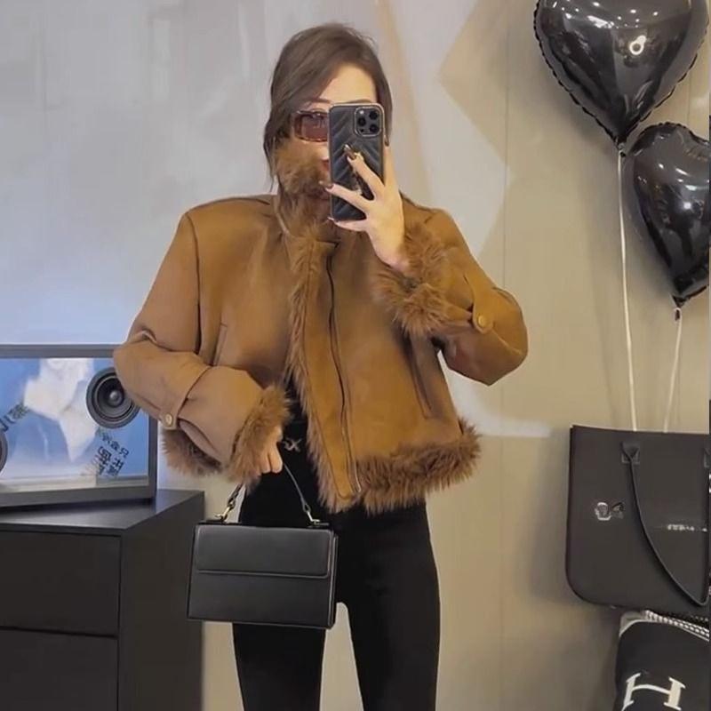 

Женская куртка из искусственной кожи с искусственным мехом, зимнее пальто с дизайном, шерстяная байкерская верхняя одежда XL