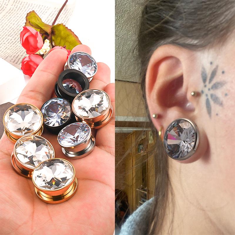 Écarteur d'oreille en acier inoxydable en forme de I pour patinage à roulettes avec accents de diamants - Bijou de piercing corporel style punk