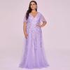 Plus Size Embroidered Sequin Evening Gown with Ruffle Sleeves and Fishtail Skirt