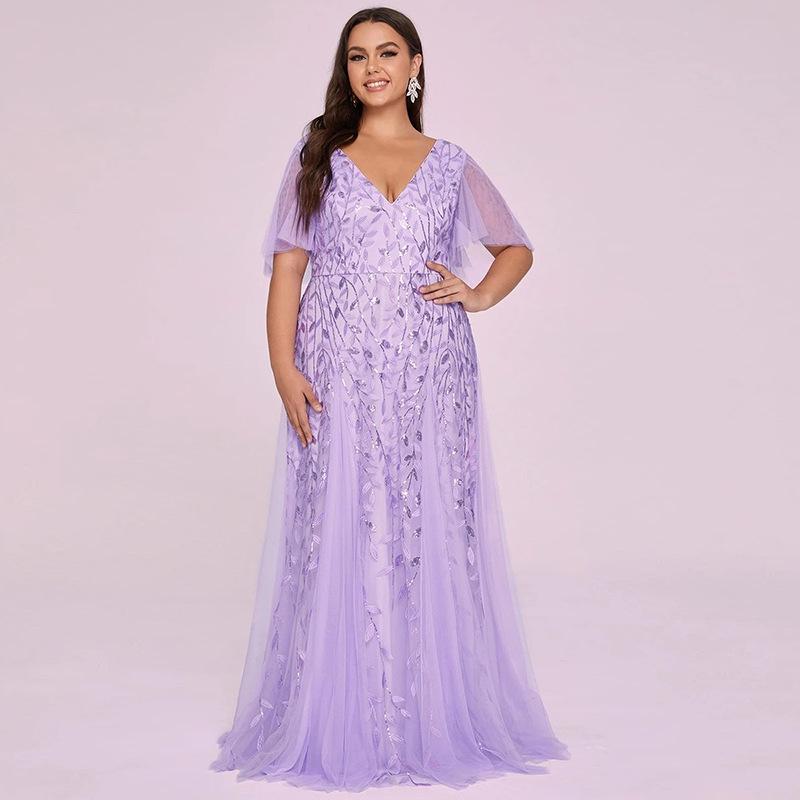 Plus Size Embroidered Sequin Evening Gown with Ruffle Sleeves and Fishtail Skirt