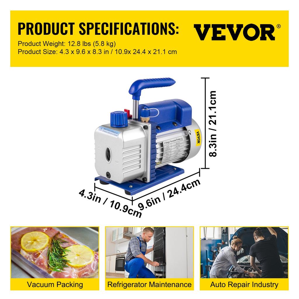 VEVOR Vacuum Pump 51 L/min(1.8CFM), Vacuum Devices Manifold Gauge Set for HVAC/Car AC Refrigerant Charging
