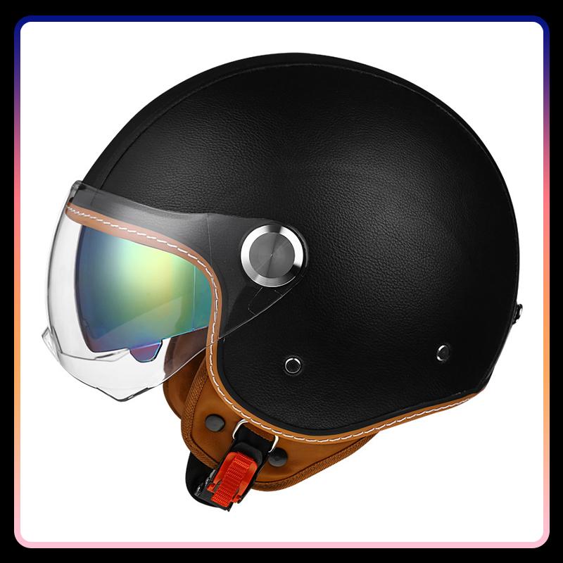 Daul Lens Open Face Motorcycle Helmets Leather Retro 3/4 Jet Moto Helmet with Double Visor Safety Riding 3/4 Half Helm DOT