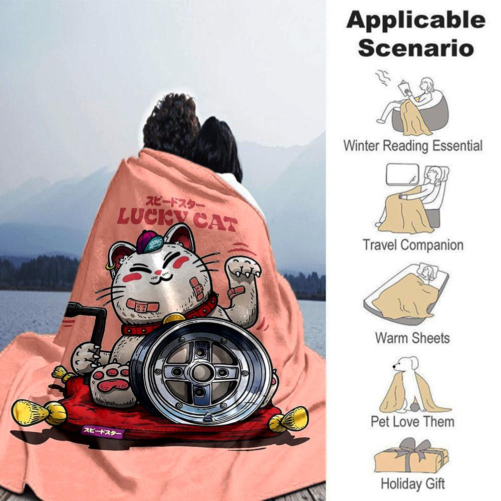 1pc LUCKY CAT Soft Flannel All Season Throw for Home, Office, Outdoor UseDurable Comfort Soft Warm Throw for Home