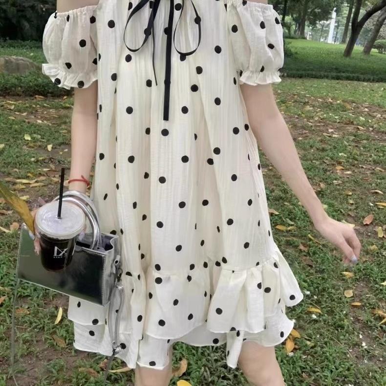 French Sweet Off-the-shoulder Polka Dot Dress Women's Summer New Small Temperament Fluffy Short Skirt Doll Skirt