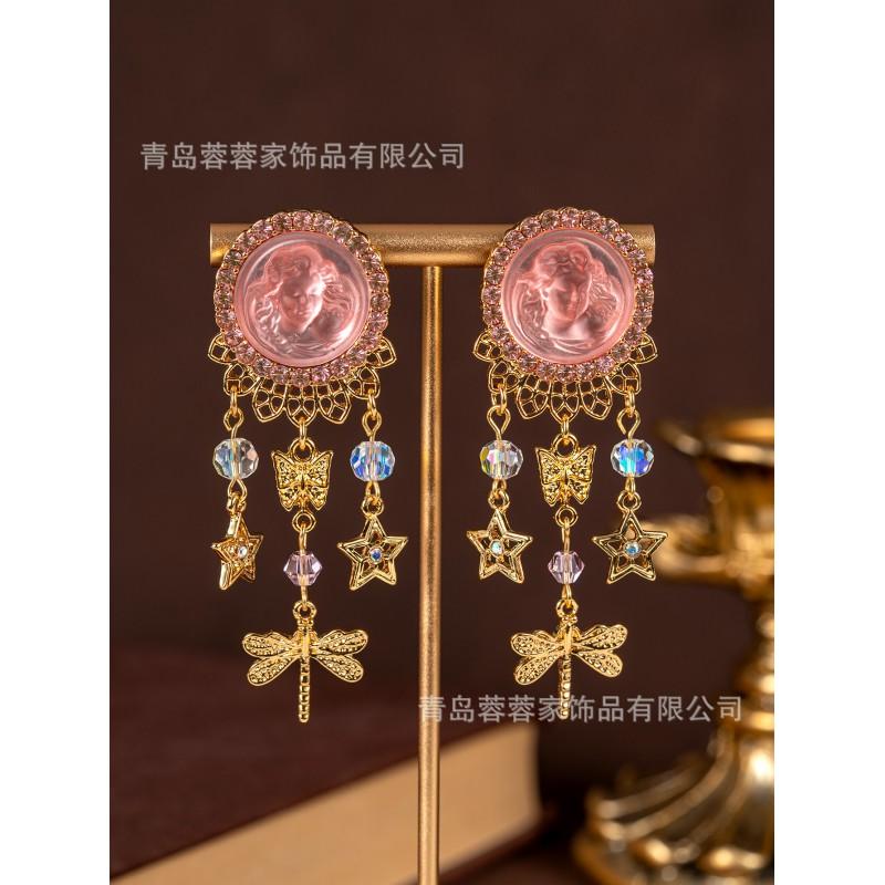Medieval Dreamy Angel Snowflake Glass Crystal Transparent Light Luxury Earrings Premium Tassel Sweet розовый