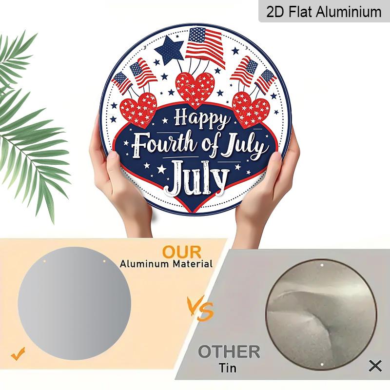 2D Flat, 1pc Round Aluminum Hanging Sign - 4th of July Patriotic Metal Wall Sign, "Happy Fourth of July" Star & Flag Design, Perfect for Indoor