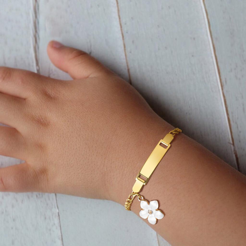 Personalized Engrave Name ID Bracelet for Kid Baby, Stainless Steel Flower Charm Bracelet, Waterproof Custom Jewelry for Girl