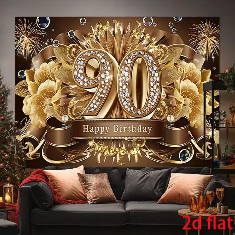 

2D Luxury 90th Birthday Banner Gold Firework & Floral Photography Backdrop 47.2x31.5inch/120*80cm