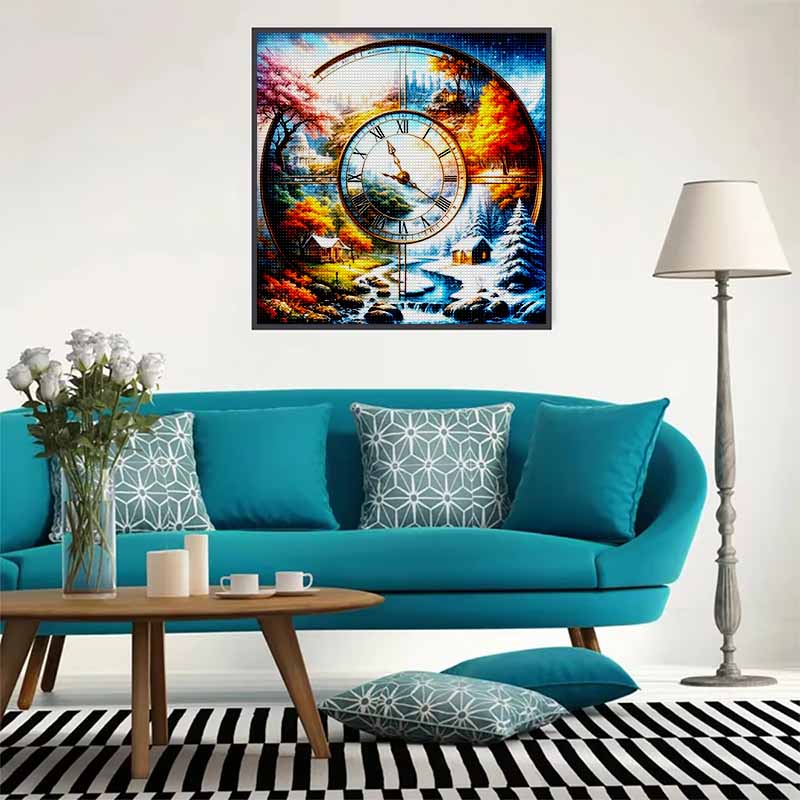 Novinka 5D DIY Celokruhová diamantová malba „Ilustrace krajiny s hodinami“ Vyšívání Křížkový steh Domácí dekorace Dárek