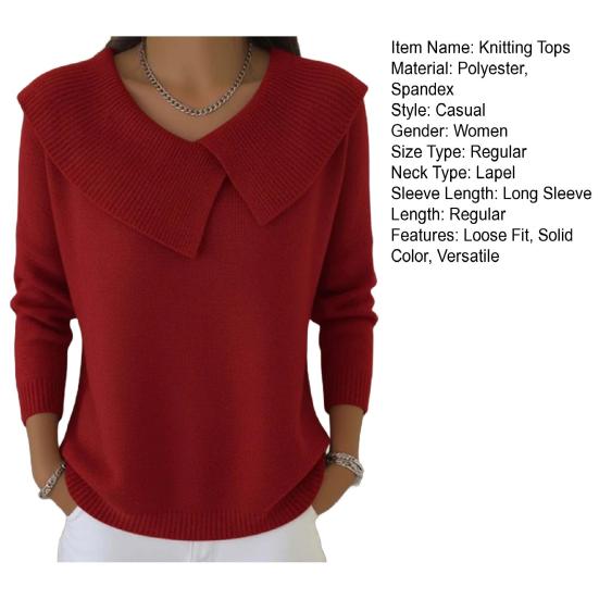 Damen Strickoberteile Großer Revers Langarm Einfarbig Pullover Weich Dehnbar Lässige Strickwaren Arbeit Party