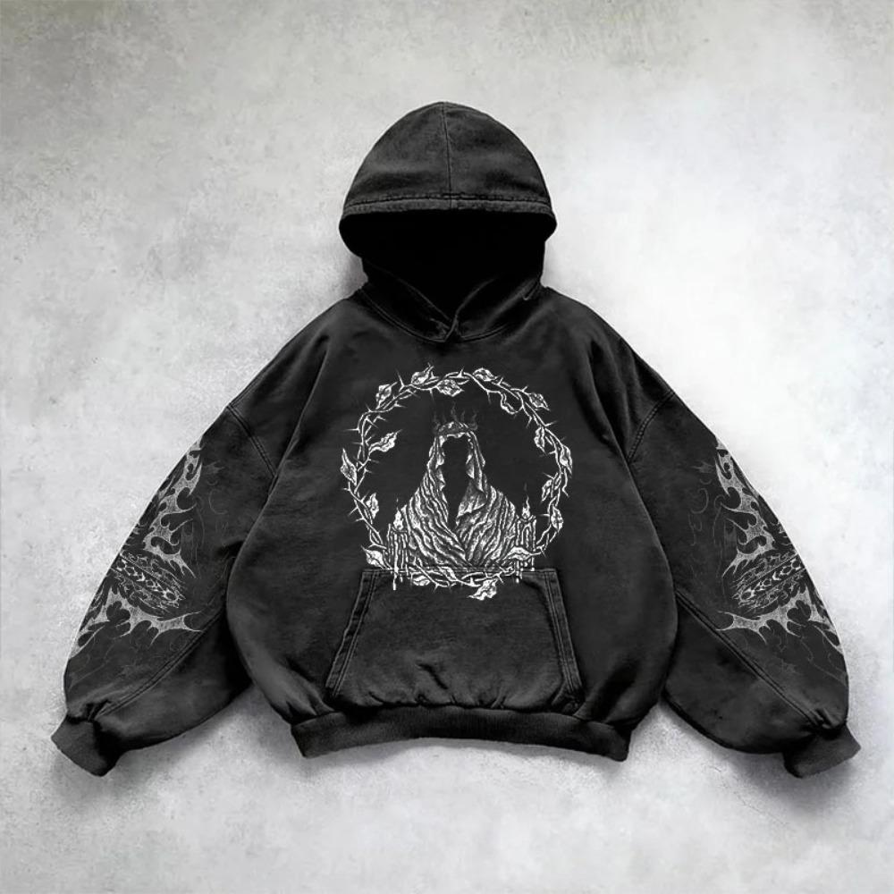 Retro Gothic Graphic Print Hip Hop Hoodie for Men Y2k Grunge Punk Casual Loose Pullover Women Streetwear Sweatshirt Hoodies