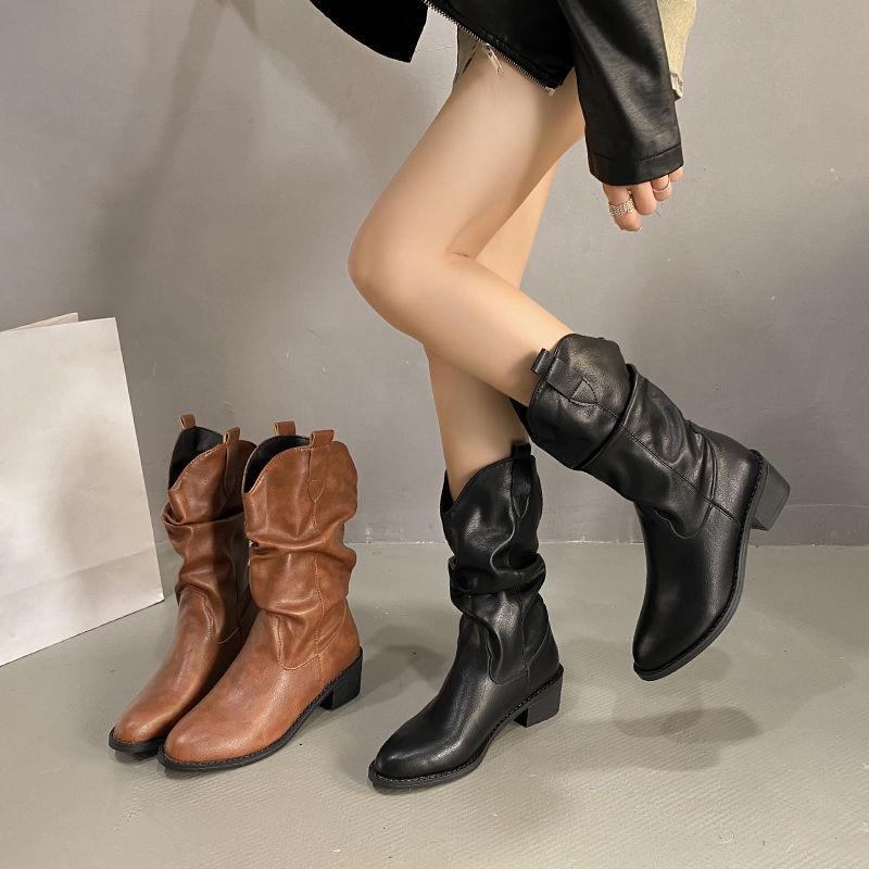 Koreanischer Stil Spitzschuh Blockabsatz V-Ausschnitt Geraffte Kurze Stiefel für Damen - 2025 Frühling/Herbst Western Cowboy Ritter Stil