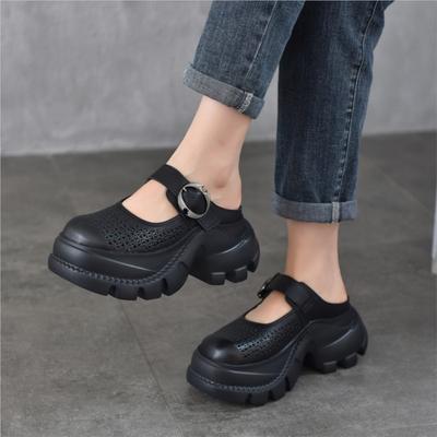 Lightweight Thick Soled Round Toe Genuine Leather Slippers Hollow-out Breathable Women's Shoes
