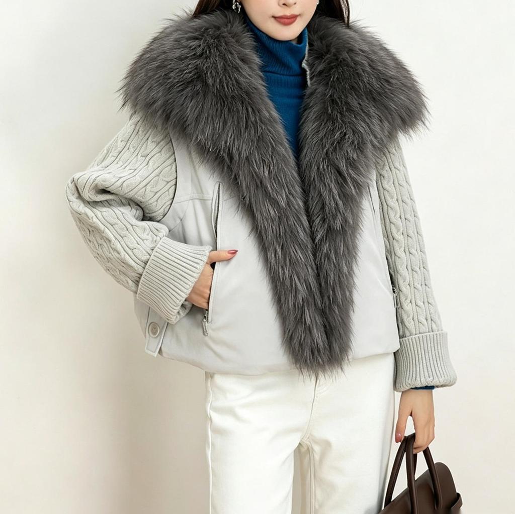 Winter new real fox fur collar knitted splicing down jacket women's short white duck down loose and thin versatile jacket