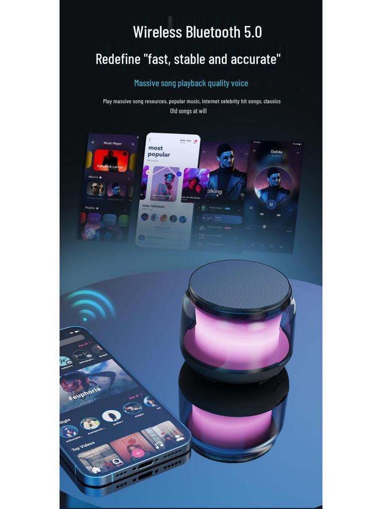 Mini Bluetooth Speaker S100: Transparent Design with Ambient Lights & High-Quality Sound Subwoofer