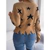 Autumn/Winter Casual V-Neck Star-Print Distressed Long-Sleeved Knitted Pullover for Women