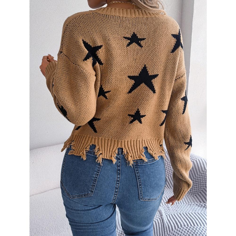 Autumn/Winter Casual V-Neck Star-Print Distressed Long-Sleeved Knitted Pullover for Women