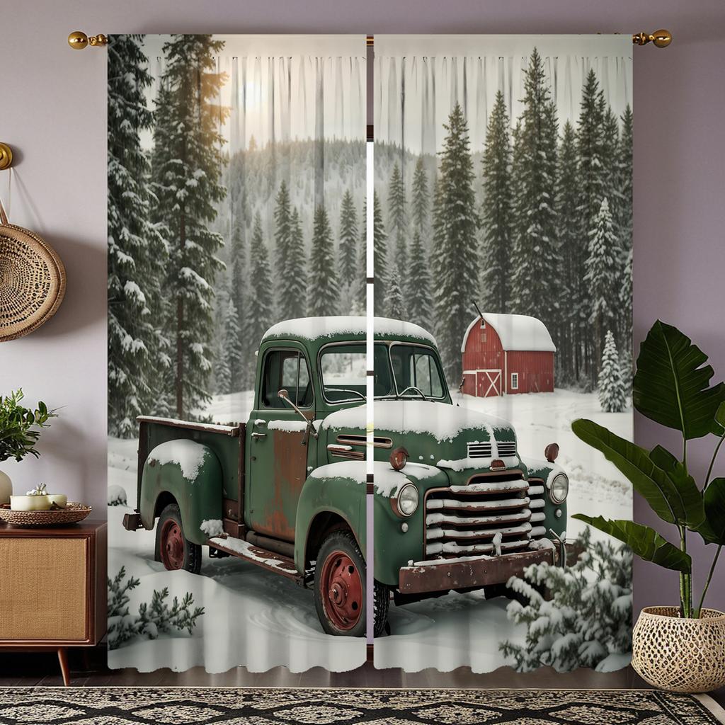 2pcs HD Pine forest truck snow view decorative curtain Green tie digital printed curtain Home Decoration style Decoration liv