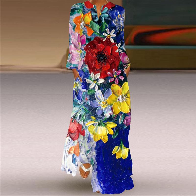 2024 Autumn European & American V-Neck Long-Sleeve Sexy Printed Maxi Dress