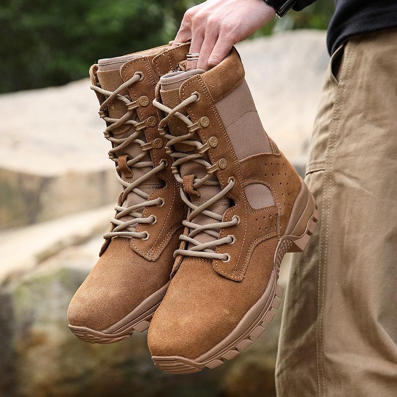 New Combat Boots Brown Combat Training Boots Men's Side Zipper Training Boots Suede Combat Boots Hiking and Mountaineering Shoes Security Shoes