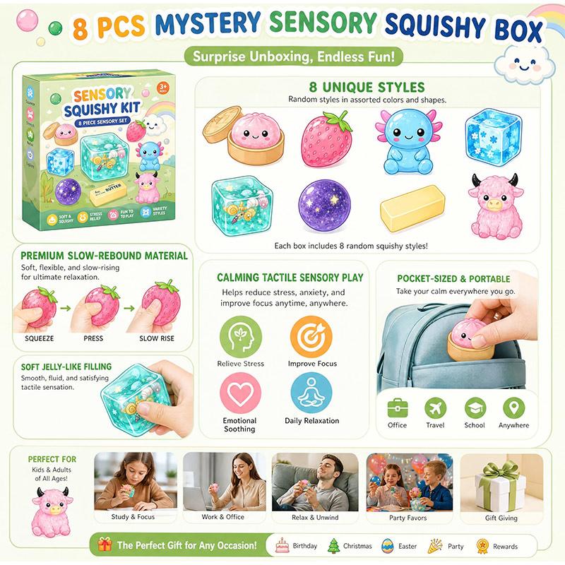 8-Piece Mystery Box Set Slow-Rising Stress Relief Fidget Sensory Squishy Bundle with 8 Unique Styles for Stress Relief Gift
