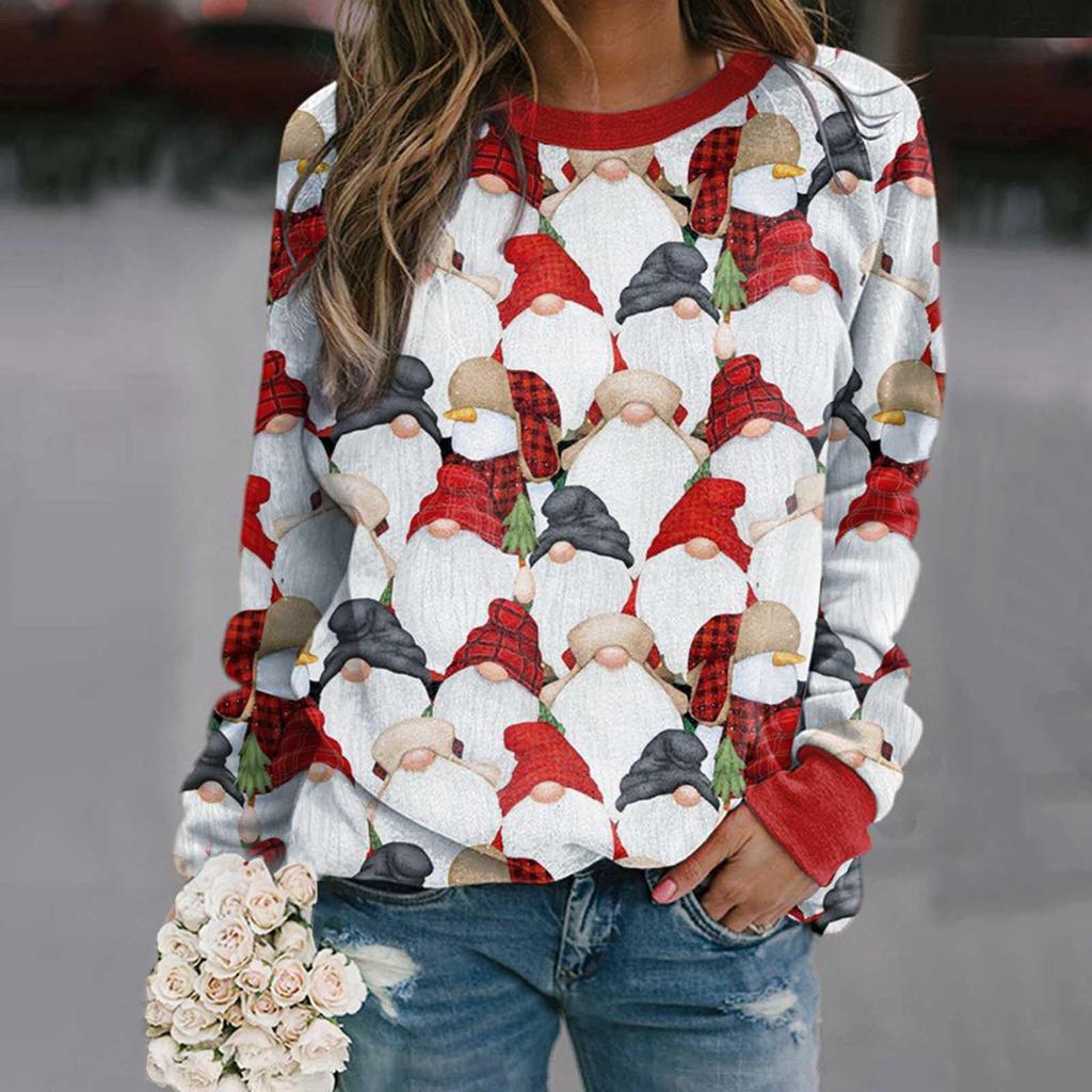 Popular European & American Women's Christmas Snowman Print Loose Long Sleeve Top