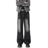 Bamboo pattern washed micro-pull jeans men's and women's American vibe casual straight-leg pants trendy ruffian handsome wide-leg trousers