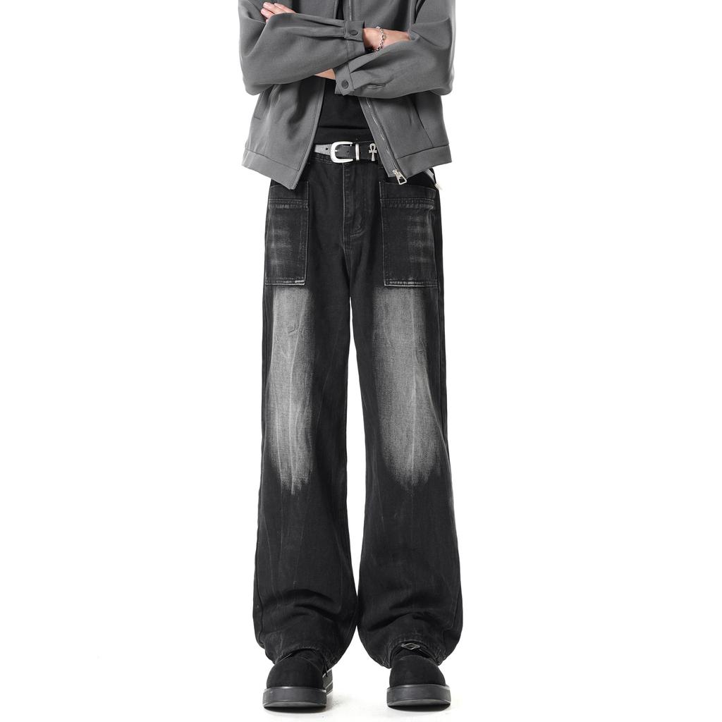Bamboo pattern washed micro-pull jeans men's and women's American vibe casual straight-leg pants trendy ruffian handsome wide-leg trousers