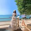 French Holiday Style Printing Neck Cake Long Dress Women's Summer New V-neck Color Tie-dye Floral Dress