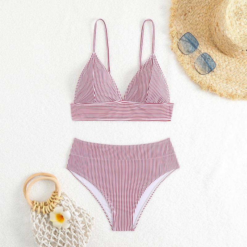 New European and American Split Swimsuit Bikini Sexy Halter Striped Women Slim Seaside Vacation Swimsuit