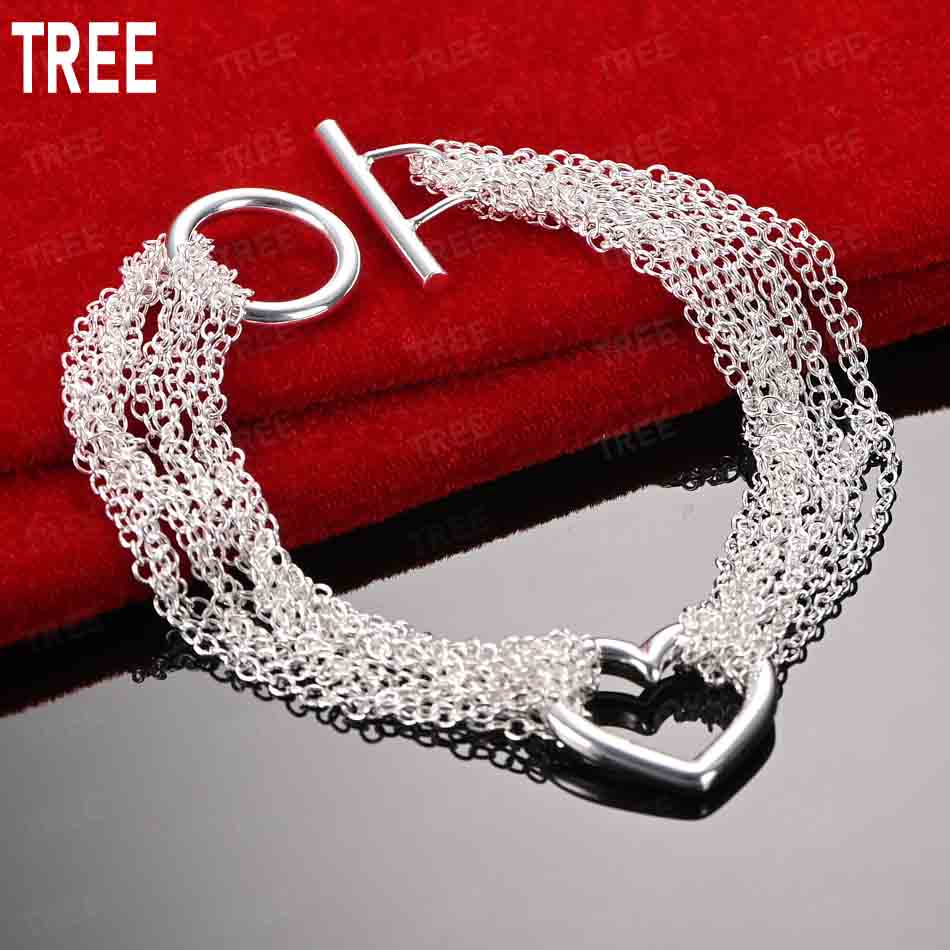 925 Sterling Silver Tassel Heart Side Chain Romantic Bracelet Gift Jewelry 20CM