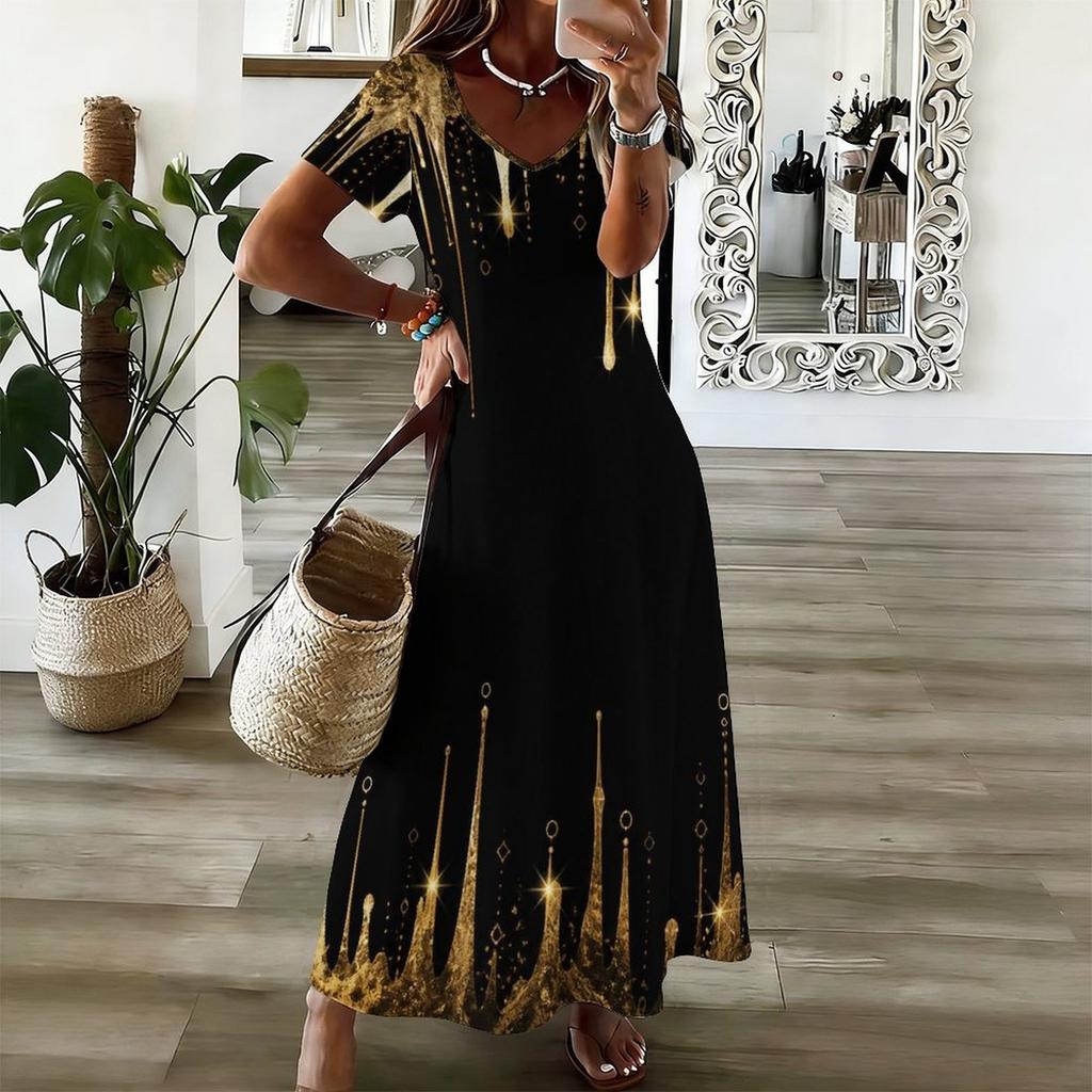 Women Plus Size V Neck Short Sleeve Black Gold Printed Long Straight Maxi Dress