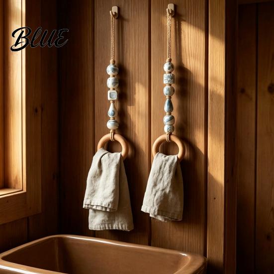 Rustikaler Holzperlen-Handtuchhalter Perlenaufhänger mit Holzring Böhmischer Bauernhaus-Halter Küchenlappen-Aufbewahrungsregal Wandmontiert Hanfseil