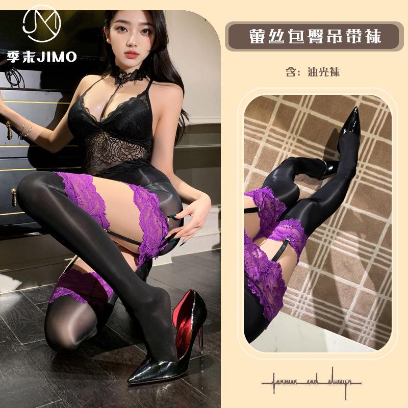 Sex Underwear Lace Suspender Hip Skirt Sexy Free Stockings Suspender Integrated Contrasting Color Oil Bright Black Silk Female E