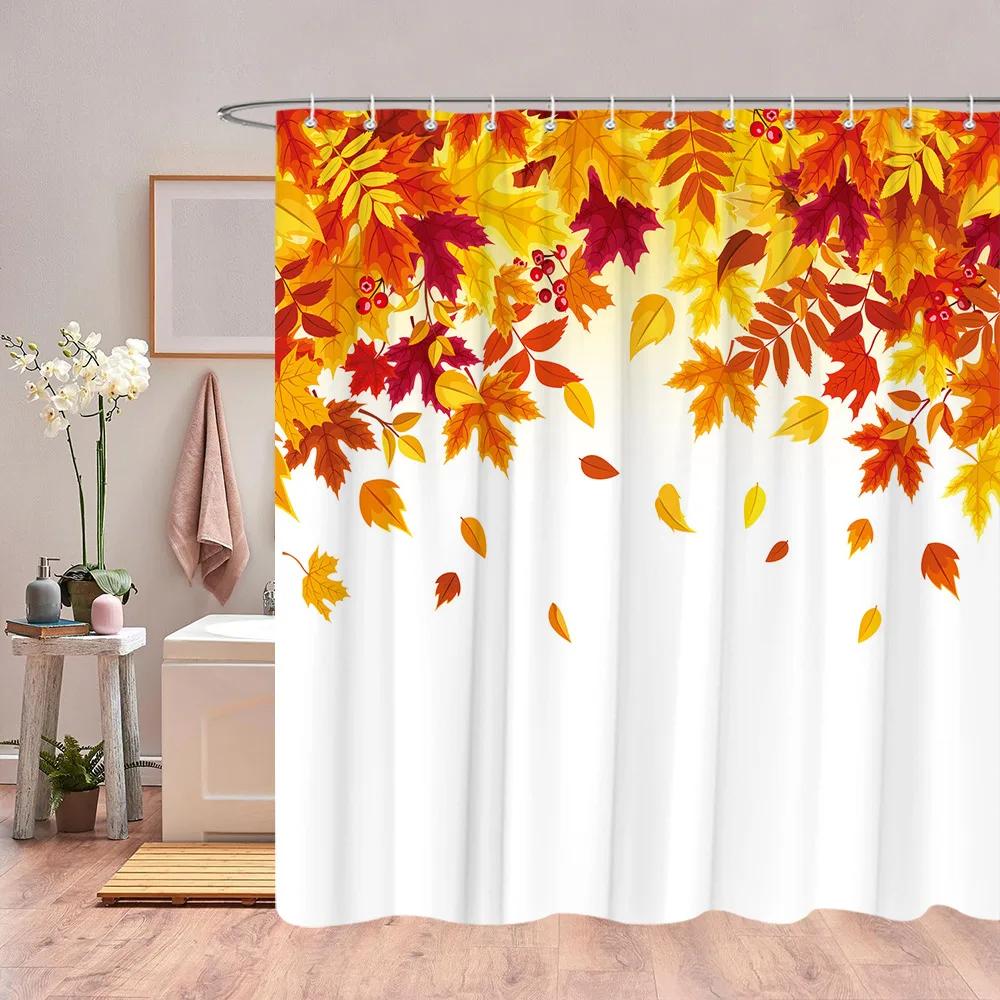 Autumn Eucalyptus Leaves Watercolour Shower Curtain Sagging Yellow Leaves Thanksgiving Gift Fabric Shower Curtain Bathroom Decor