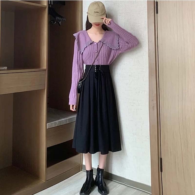 Falda Vintage de Línea A de Cintura Alta para Mujer Cintura Elástica con Cordones Falda Midi Plisada Primavera y Otoño