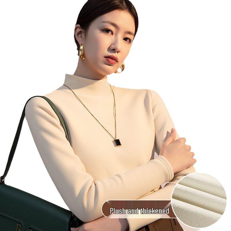 Women's Velvet Semi-High Neck Long Sleeve T-Shirt - Thick, Warm, and Versatile for Autumn and Winter