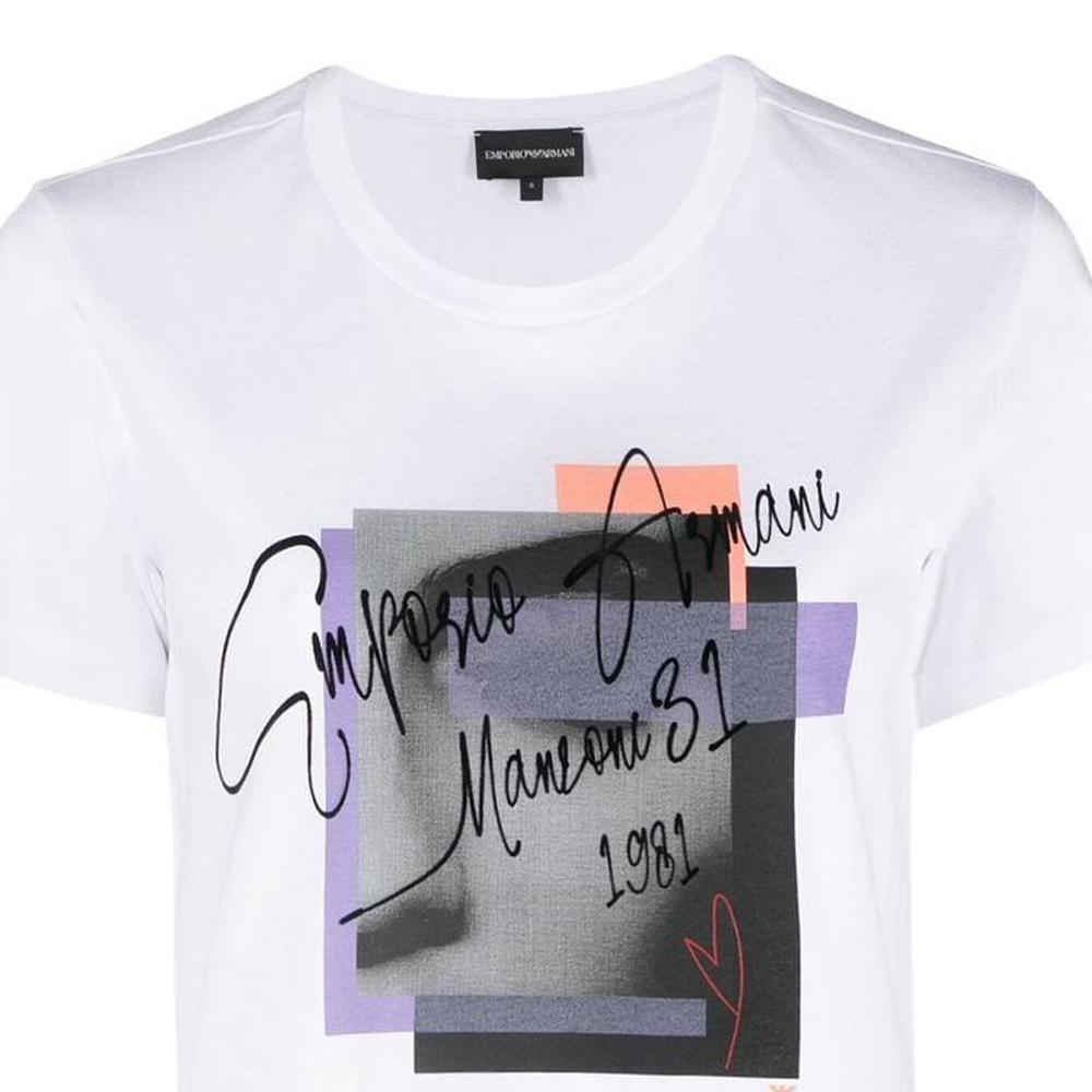 Emporio Armani Logo Print Round Neck Short Sleeve T-Shirt Women Tops White 6L2T7L-2J95Z-0100
