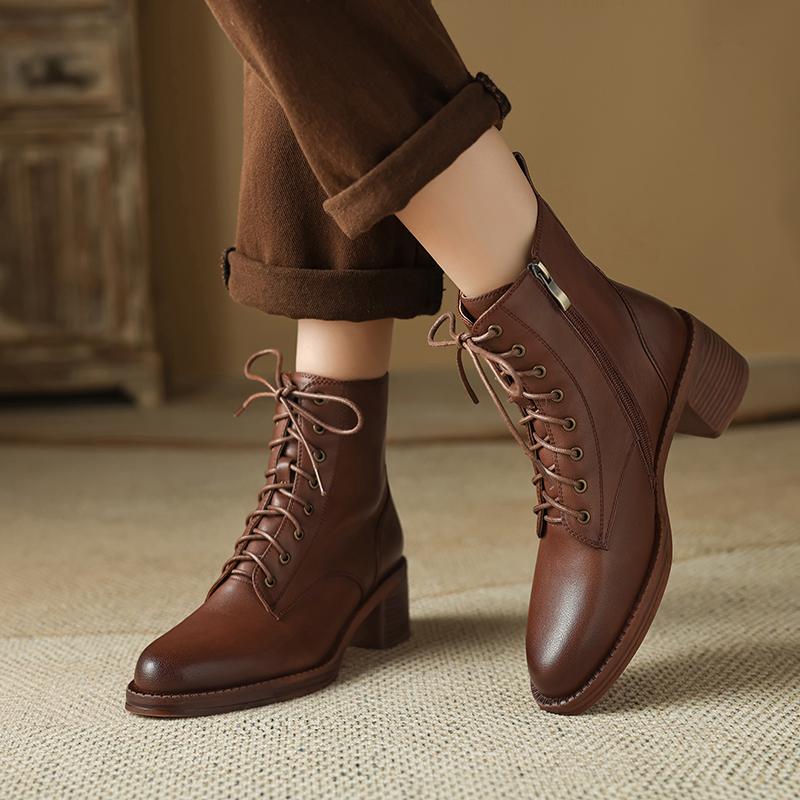 2024 New Autumn/Winter Genuine Leather Women Boots Pointed Toe Chunky Heels Boots for Women Short Boots Suqare Heel Ankle Boots