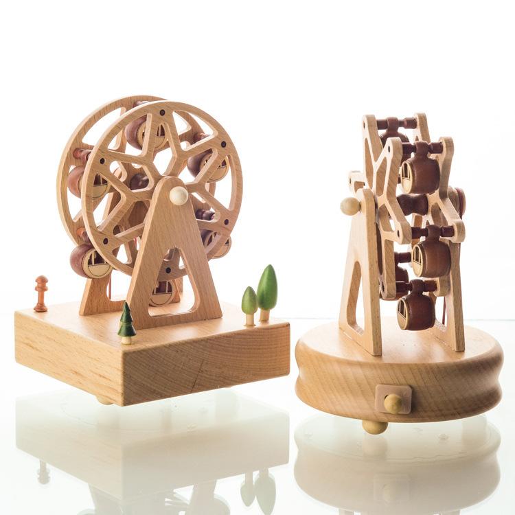 Wooden Carousel Music Box Ornaments Rotatable Hand-cranked Music Box DIY Handmade Birthday Christmas Gift Children’s Toys