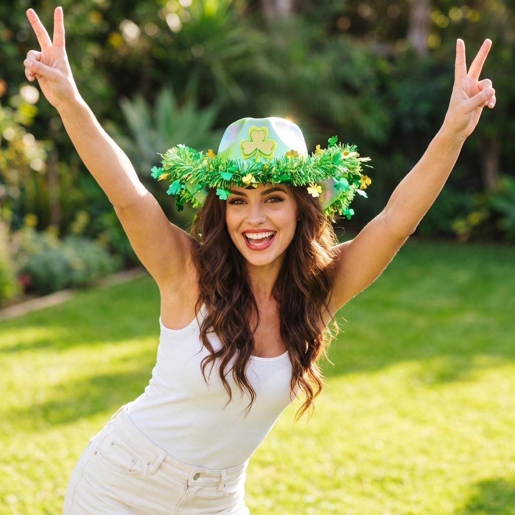 St. Patrick's Day Hat with Green Leaves and Ribbon Trim