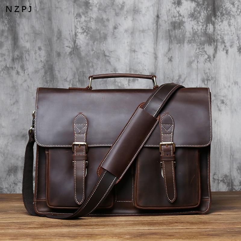 NZPJ Retro Leather Men's Handbag Crazy Horse Leather Horizontal Computer Bag Top Layer Leather Men Casual Shoulder Messenger Bag