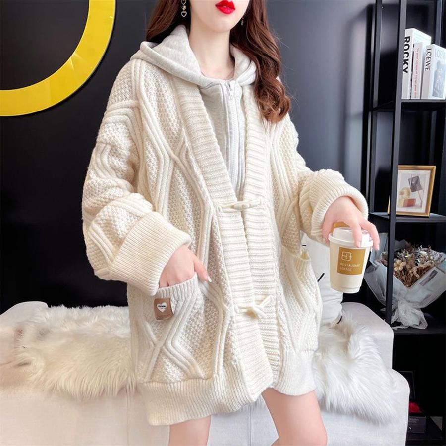Women's Two-Piece Hooded Knit Cardigan Sweater Coat Autumn Fall Loose Lazy Style Long Sleeve