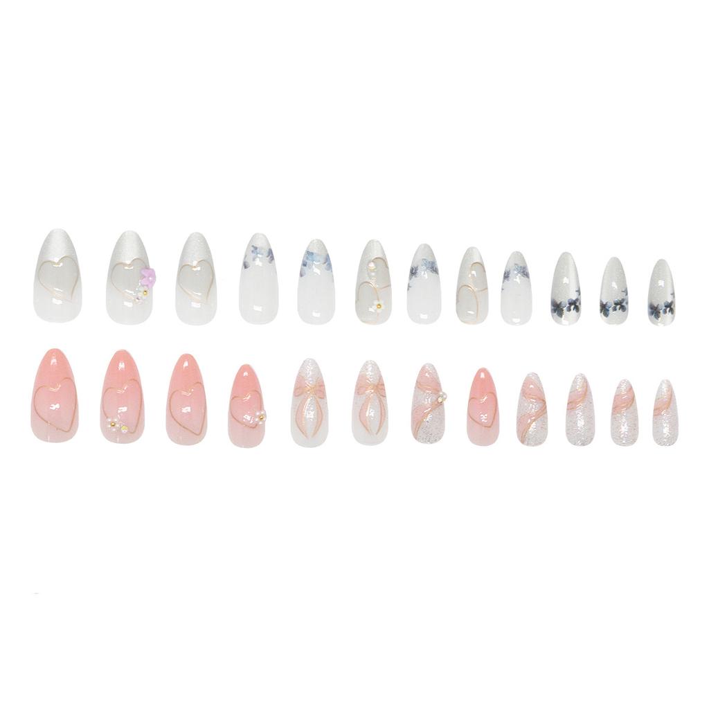 Sweet cat's eye flash diamond small flower bow hollow heart removable manicure 24 pieces