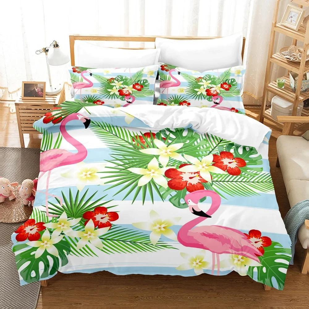 Flamingo Duvet Cover King/Queen Size Green Tropical Leaves Decor Bedding Set Palm Tree Flower Soft 2/3pcs Polyester Quilt Cover