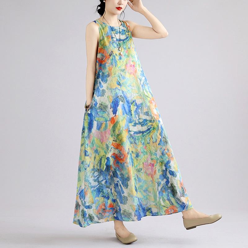 Sleeveless Plus Size Cotton Vintage Floral New In Dresses for Women Casual Loose Long Summer Dress