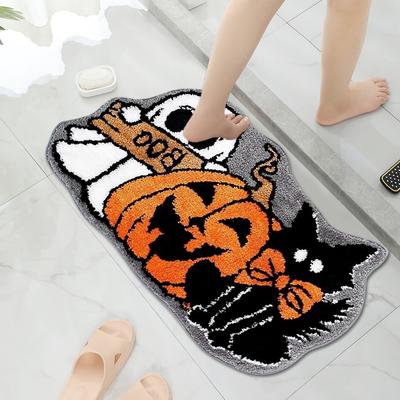 Halloween Ghost Pumpkin Cashmere Door Mat Absorbent Thickened Bathroom Carpet Bathroom Mat for Entrance Bedroom Kitchen Bathroom