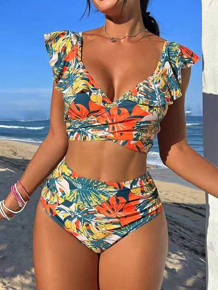 

Женский раздельный купальник 2025 года с высокой талией, утягивающий, с разрезом, с принтом в стиле кросс-бордер и дизайном с завязками для отпуска Small